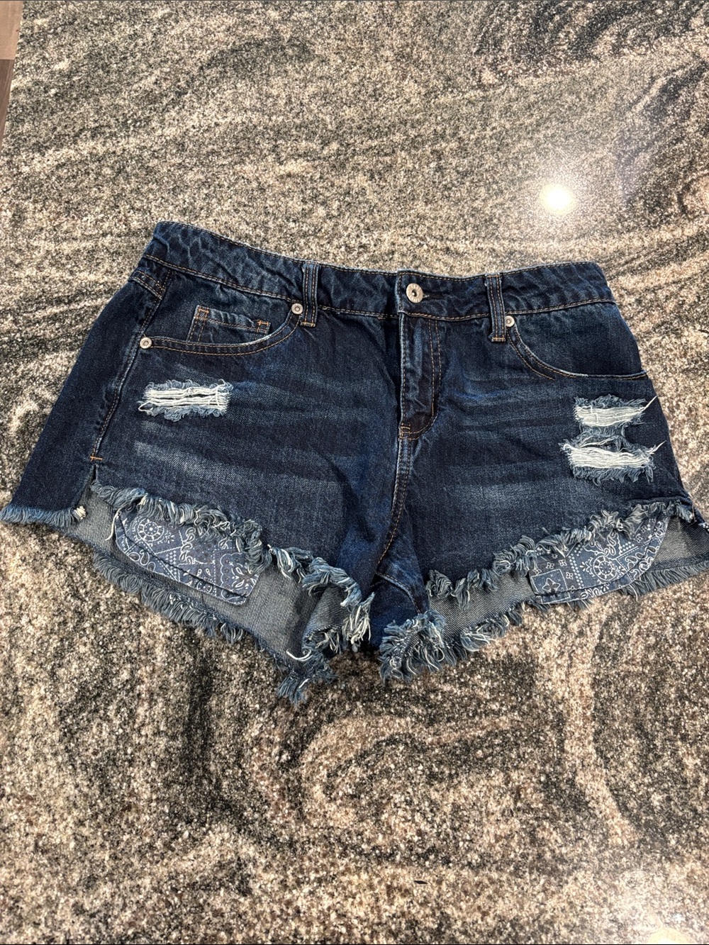 Dark Blue Distressed Denim Shorts with Bandana Pocket Detail size 11